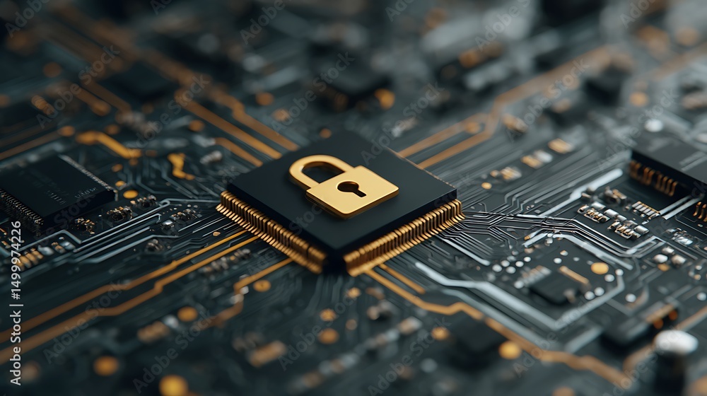 Aufkleber Secure connection or cybersecurity service concept of compute motherboard closeup and safety lock with login and connecting verified credentials as wide banner design -