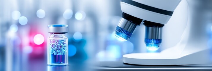 Vaccine Research and Development - Close-up of a vaccine vial and a microscope, symbolizing scientific breakthroughs in medicine and healthcare