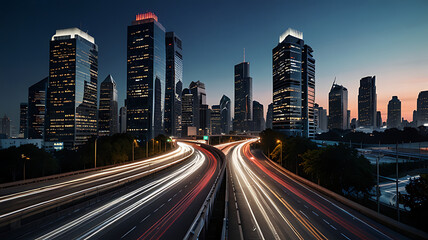 Fototapeta premium Urban Sunset Scene with Illuminated Towers and Traffic Motion