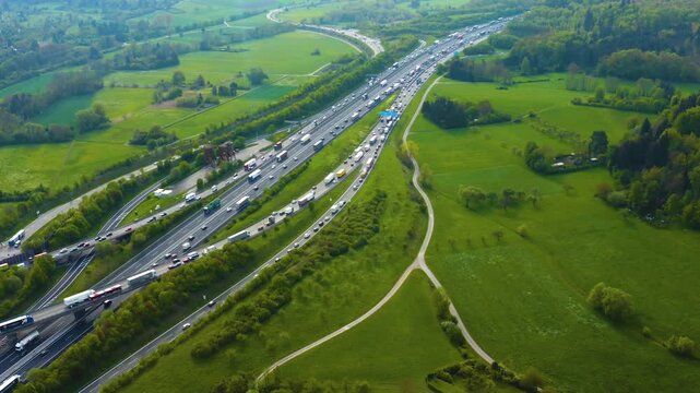  Aerial view of the autobahn triangle Leonberg in Germany on a sunny spring day