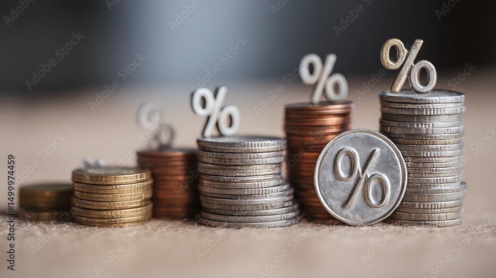 Poster Stacks of coins and percentage symbol showing idea of interest rates and value appreciation