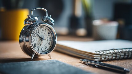 Fototapeta premium Photo of an alarm clock and pen on a desk, with plenty of space for your own notes and reminders with copy space