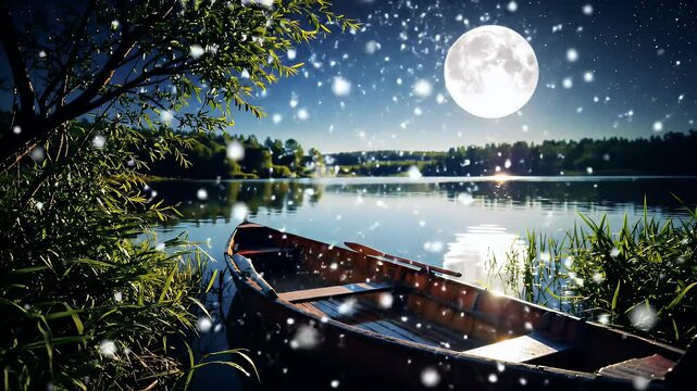 A serene, magical night scene at a calm lakeside under a full moon. A wooden rowboat floats gently near the shore, surrounded by tall grass.
