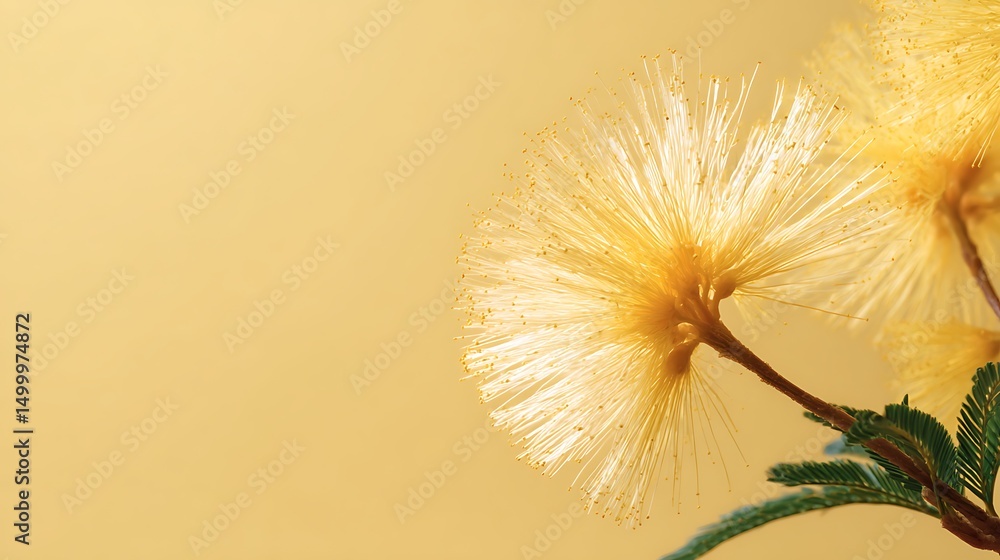 Poster springtime macro of a mimosa flower with a yellow hue isolated pastel background copy space