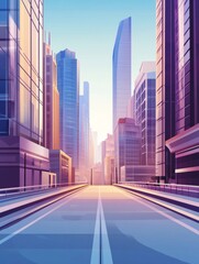 Obraz premium Cartoon cityscape with skyscrapers, modern buildings and empty bridge overpass leading to downtown, sunny sky in blue and purple tones, urban connection concept