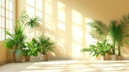 Fototapeta premium Sunlit room, potted plants, window, interior design, home decor, calm, peaceful, relaxing, background for websites