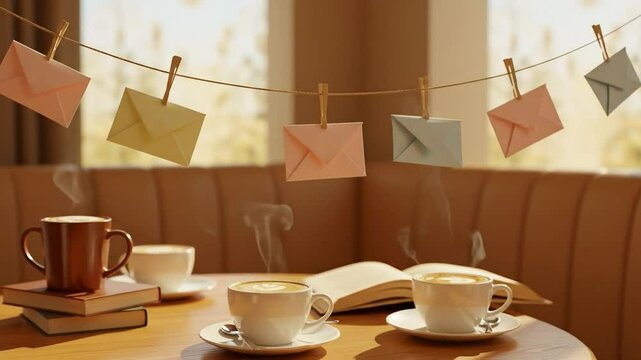 Love letters folded into origami hung from string in cozy caf&eacute;