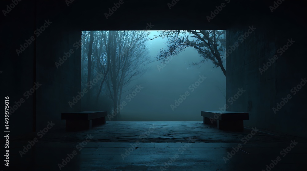 Fototapete mysterious and atmospheric scene with dark empty space, floor is illuminated by spotlight creating d