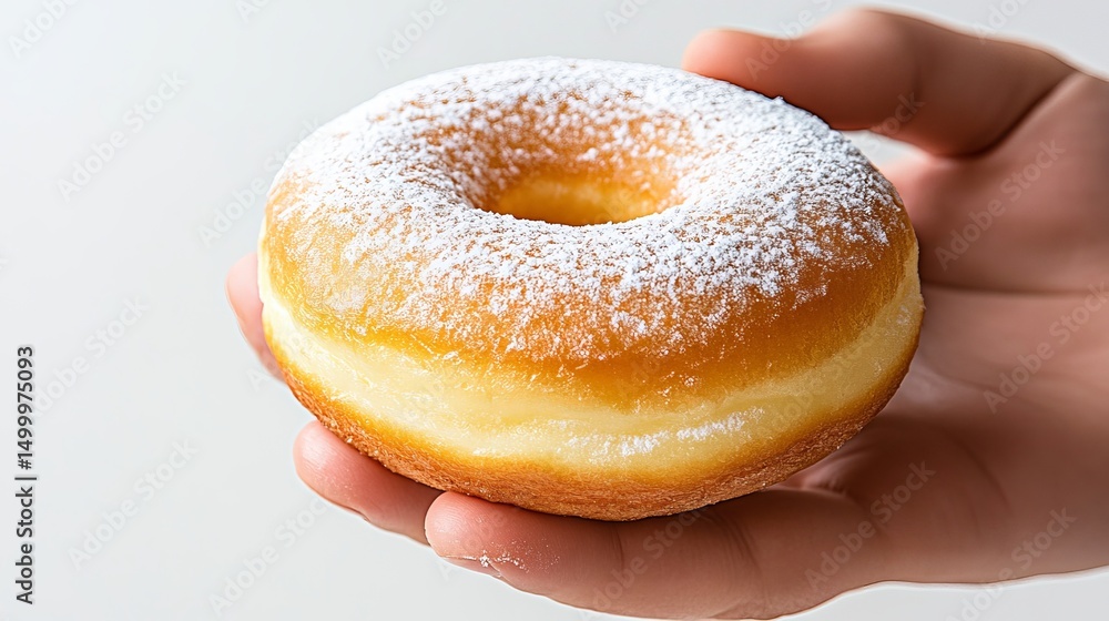 Poster powdered donut rests on a human hand against a plain white background, presenting a simple and appet