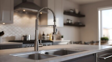 Modern kitchen with stainless steel faucet, island sink, and wall-mounted kitchenware