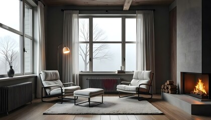Contemporary loft bedroom with industrial elements, large windows, and minimalist furniture .