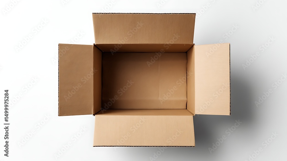 Poster top view open cardboard box on white background