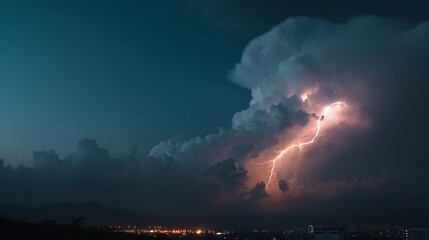 Obraz premium Panorama dark cloud at evening sky with thunder bolt, heavy storm bringing thunder, lightnings and rain in summer, black and white thunderbolt background