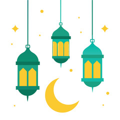 Three Hanging Ramadan Lanterns with Crescent Moon and Stars