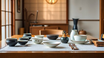 Obraz premium Exquisite Japanese Table Setting, Handcrafted Elegance