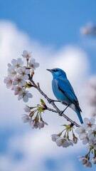 Obraz premium Azure Blue Bird Perched on Cherry Blossom Branch Against Dreamy Blue Sky