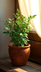 Potted plant, green foliage, leafy houseplant, terracotta pot, indoor gardening.