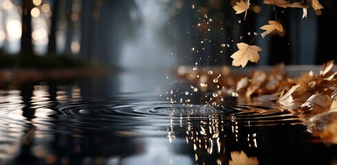Calm Autumn Afternoon With Fallen Leaves Floating on a Serene Pond Surface in a Tranquil Forest