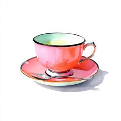 Fototapeta premium Watercolor Painting of a Pink Teacup and Saucer