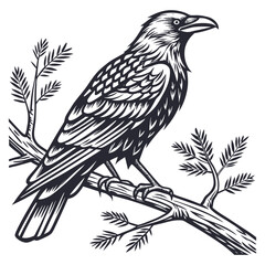 Black and White Illustration of a Raven Perched on a Branch