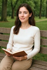 Mindful digital-detox: young woman reading notebook on park bench