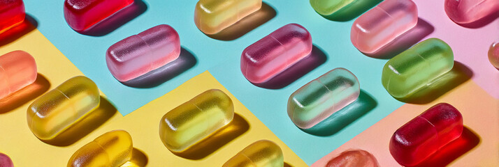 An overhead view of colorful translucent gummy candies arranged on a geometric background pattern