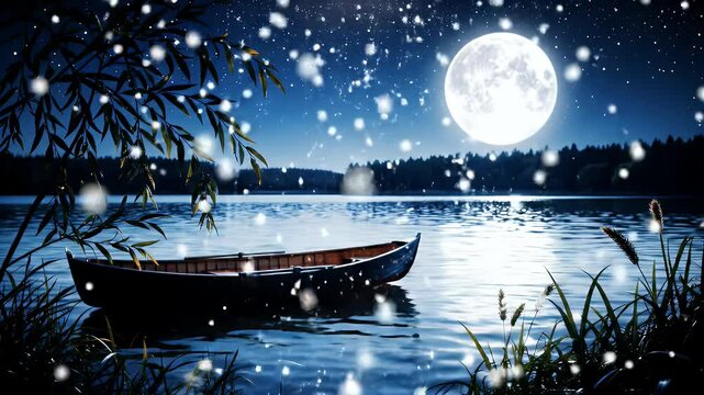A serene, magical night scene at a calm lakeside under a full moon. A wooden rowboat floats gently near the shore, surrounded by tall grass.