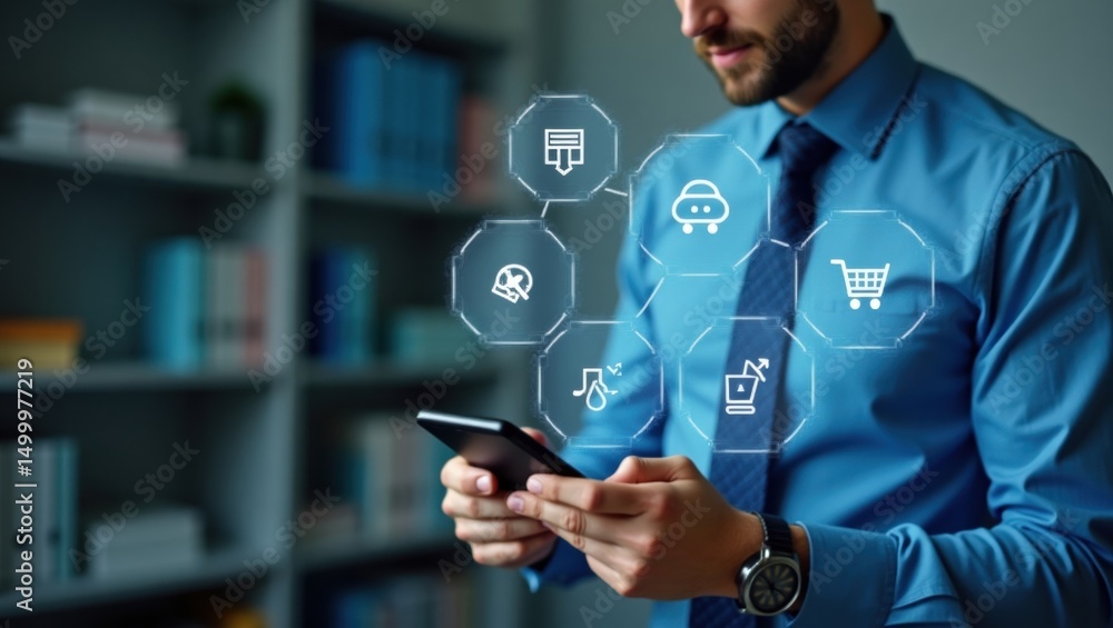 Poster a person holds a phone with overlayed digital icons representing various e-commerce features.