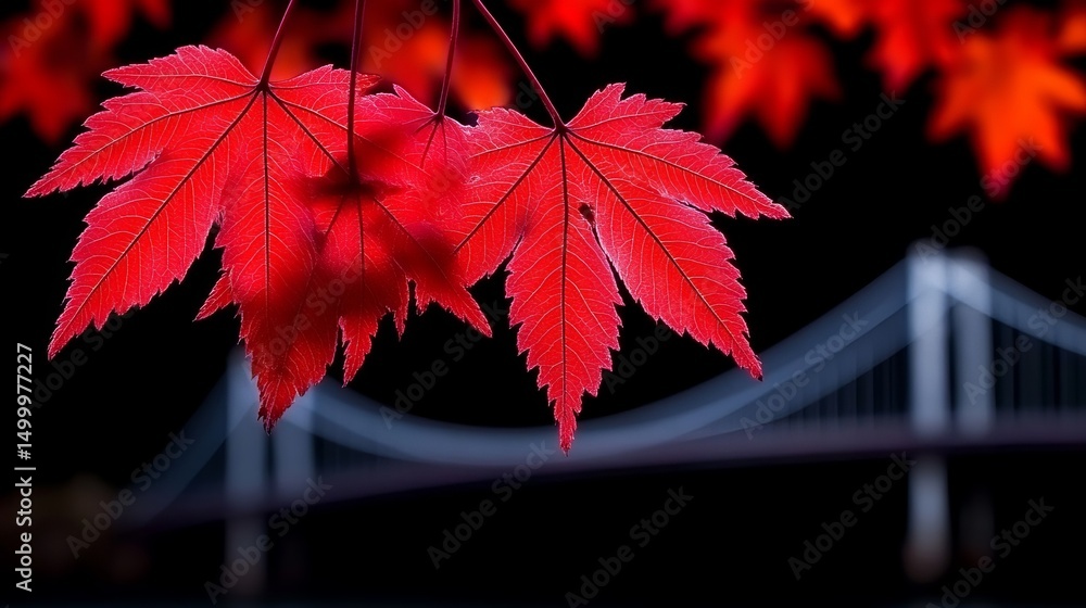 Poster red maple leaves hang against a dark background with a blurred bridge visible in the distance.