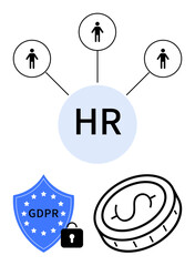 HR hub linking employees, GDPR shield with lock, and dollar coin signifying payroll. Ideal for HR, workforce management, compliance, data security, GDPR, payroll systems simple landing page