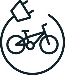 Line art icon of an electric bicycle is being charged, symbolizing eco-friendly transportation