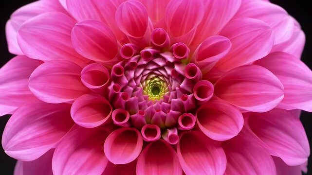 A smooth time-lapse animation of a pink dahlia flower blooming in high detail against a black background.