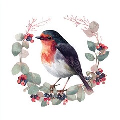 Watercolor Robin Bird in Berry Wreath