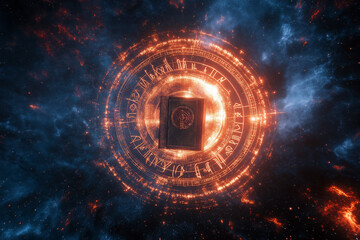 Obraz premium A cosmic energy field radiating from an open book with runes, floating in a surreal starry space.