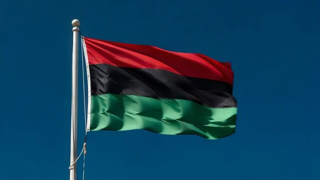 Pan-African flag waving outdoors, against a clear blue sky, celebrating Juneteenth Day