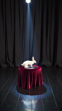 Lapin blanc sur table rouge en velours sous un projecteur de sc&egrave;ne

