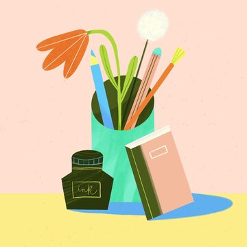 Still Life of some Pencils, Bushes, and Flowers in a pencil holder