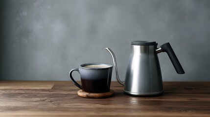 Fototapeta premium A simple pour over coffee setup on a wooden counter long title A minimal and elegant pour over coffee setup with a metal kettle ceramic mug and