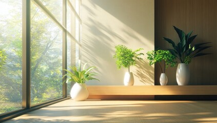 Sunlight streams into a modern room with potted plants