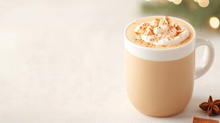 Cozy autumn or winter beverage, Delicious spiced latte with whipped cream and cinnamon