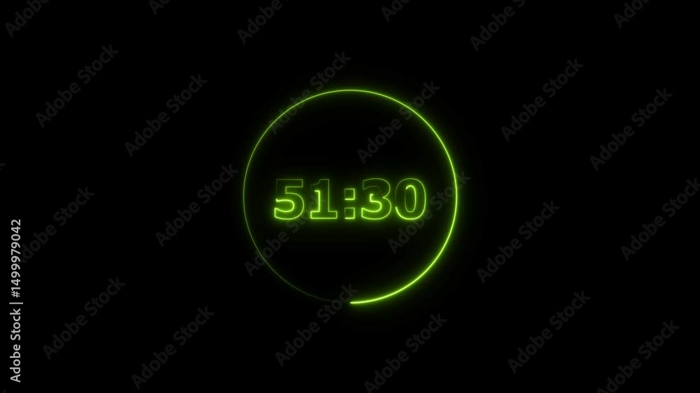 Poster digital countdown timer neon bright lime green color animation of 56 second transparent on black bac