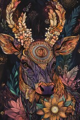Obraz premium Art-deco style deer. Boho style animal on the background with gold and red details.