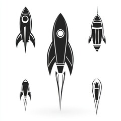 Simple black silhouette rockets in various views