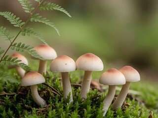 Fototapeta premium Close-up of delicate mushrooms on mossy ground.