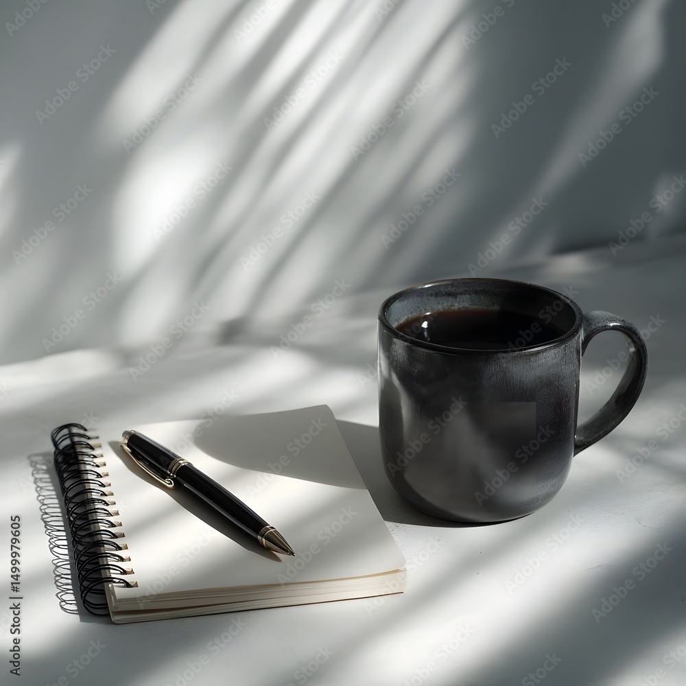 Poster a minimalist desk setup with a notebook pen and coffee mug under soft window shadows long title a si