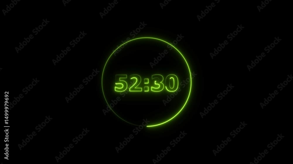 Poster digital countdown timer neon bright lime green color animation of 57 second transparent on black bac