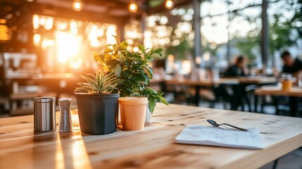 Sunlit cafe table with plants, menu, cutlery; blurred patrons in background