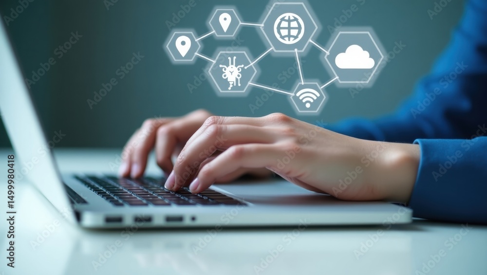 Poster a person types on a laptop computer with digital network icons superimposed.
