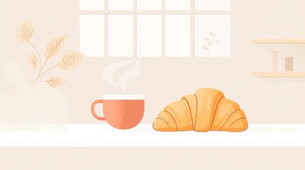 A delicious croissant beside a steaming cup of coffee in a flat, minimal design style showcasing a cozy breakfast setting in vector art 