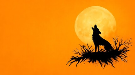 Silhouette of a wolf is howling at the moon on a small patch of land with dead branches against an orange sky.